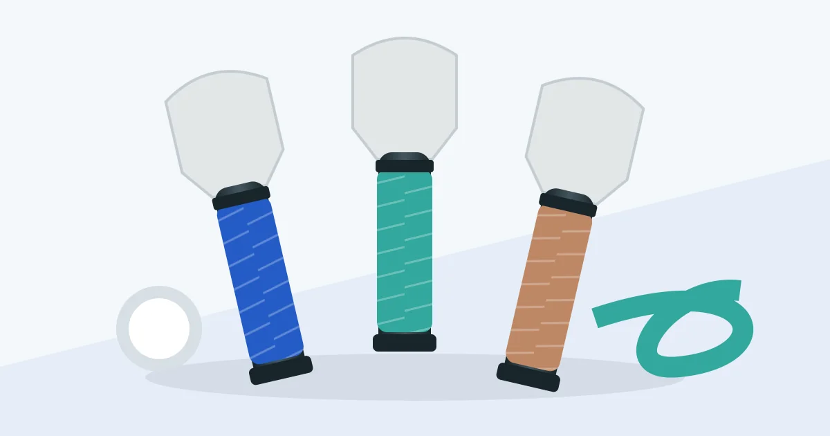 Original illustration of three paddle handle wraps in blue, teal and copper, with a loose overgrip ribbon